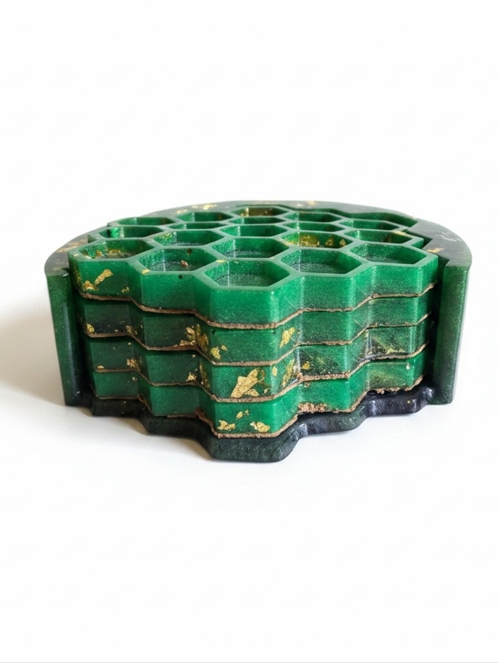 Emerald Green Handmade Resin Honeycomb Coaster Set of 4 Gold Flake Bee Holder